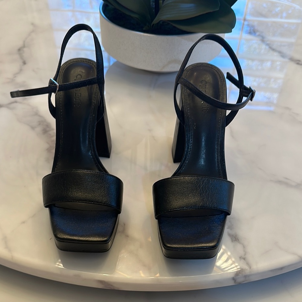 Open Edit Black Heels with Ankle Strap and Block Heel